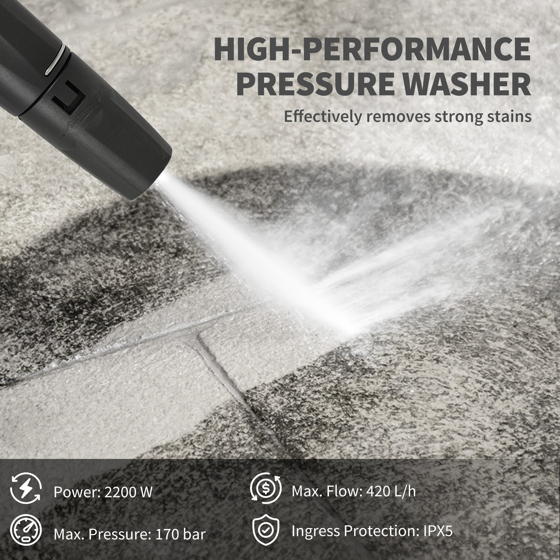 2200W portable electric pressure washer cleaning strong stains effectively with high-pressure jet.