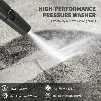 2200W portable electric pressure washer cleaning strong stains effectively with high-pressure jet.