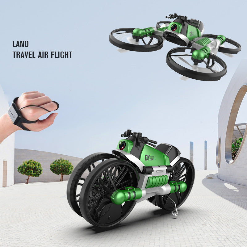 WiFi FPV RC motorcycle drone in flight and on the ground, showcasing its foldable design and camera features.