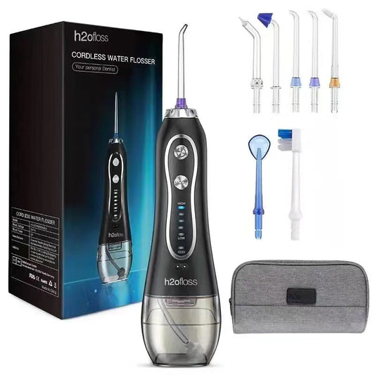 H2ofloss water flosser with multiple nozzles and portable case for oral care, featuring H2ofloss portable water flosser.