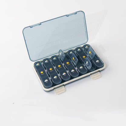Sealed 1 week pill organizer with 21 compartments, clear lid, and colorful tablet sections.