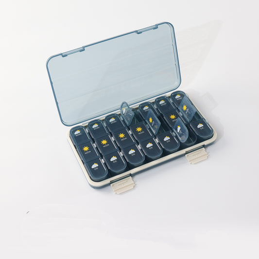 Sealed 1 week pill organizer with 21 compartments, clear lid, and colorful tablet sections.