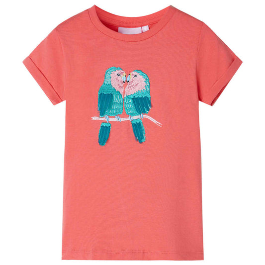 coral pink children's T-shirt featuring two colorful parrots on a branch.