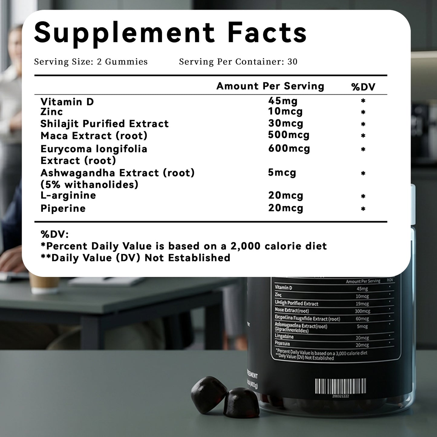 Supplement facts for maca root complex gummies including ingredients like zinc, shilajit and L-arginine.