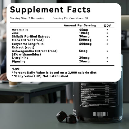 Supplement facts for maca root complex gummies including ingredients like zinc, shilajit and L-arginine.