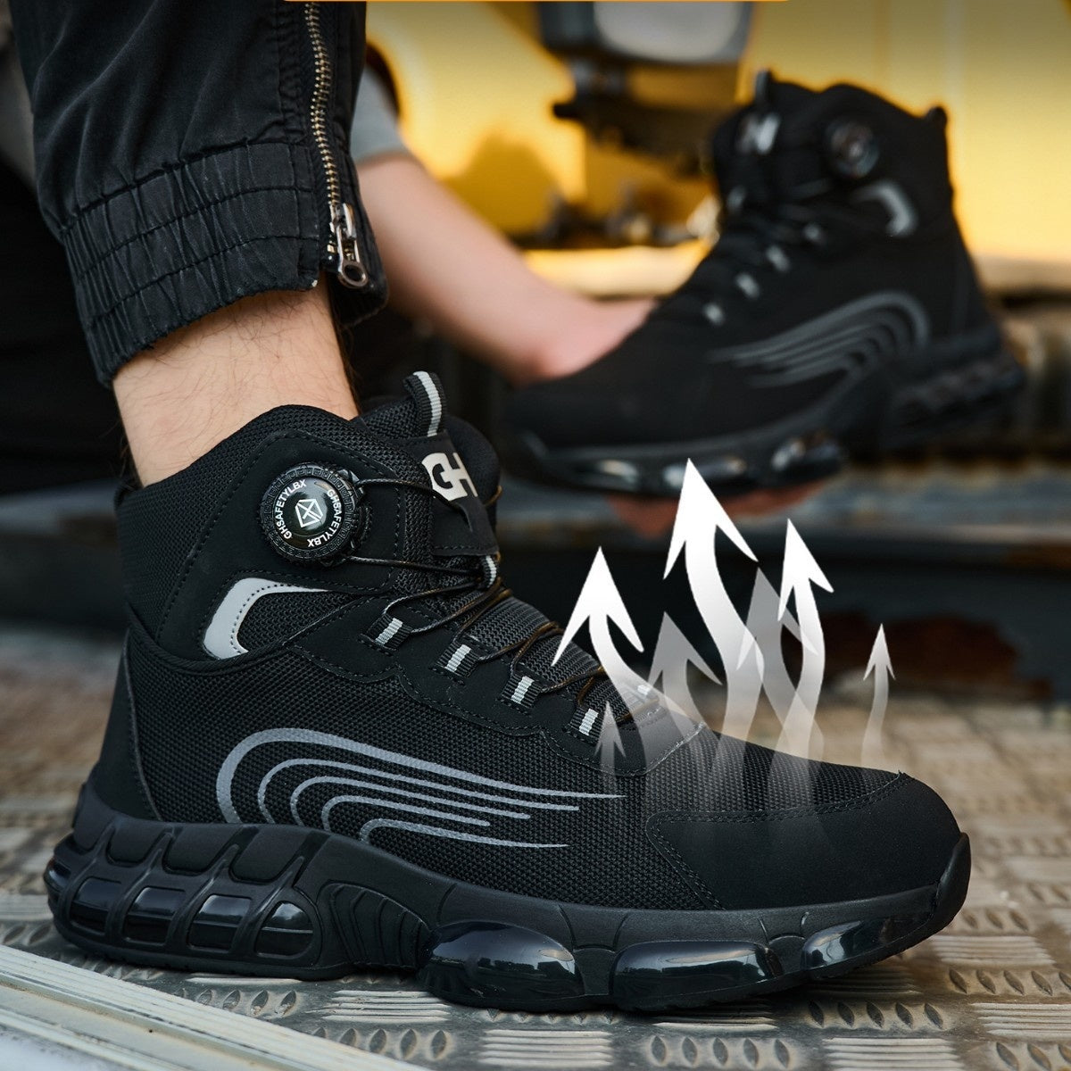 Men's safety shoes with puncture protection featuring high-top design and impact-resistant material.