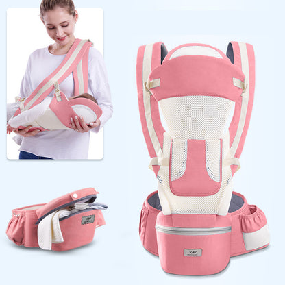 Ergonomic baby hipseat carrier in pink, showcasing multiple carrying positions and a comfortable design for parents.