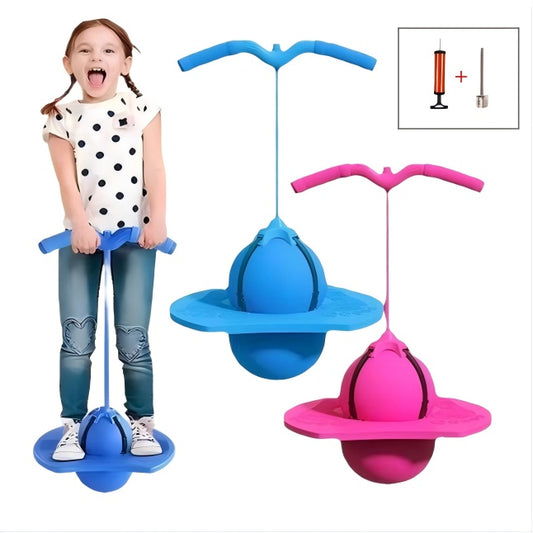Child using kids balance training bouncing ball in blue and pink colors for exercise and fun.