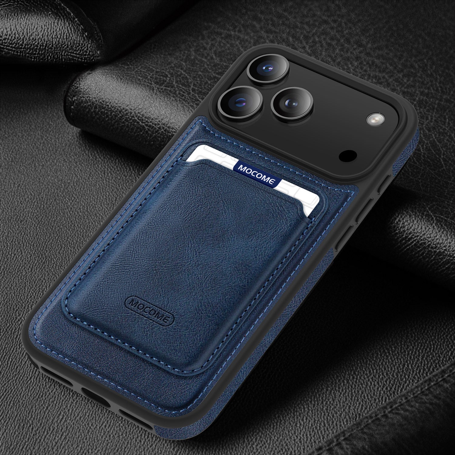 Magnetic leather card holder for iPhone 17 Pro Max in navy blue, designed for style and durability.