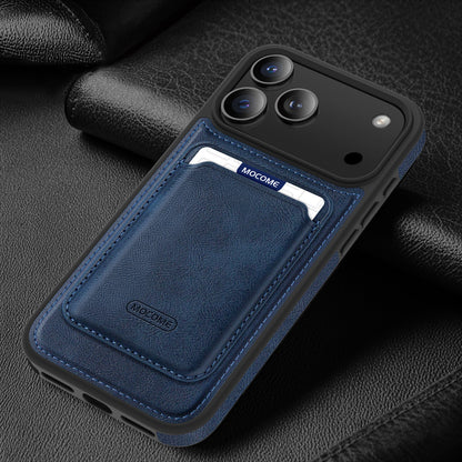 Magnetic leather card holder for iPhone 17 Pro Max in navy blue, designed for style and durability.