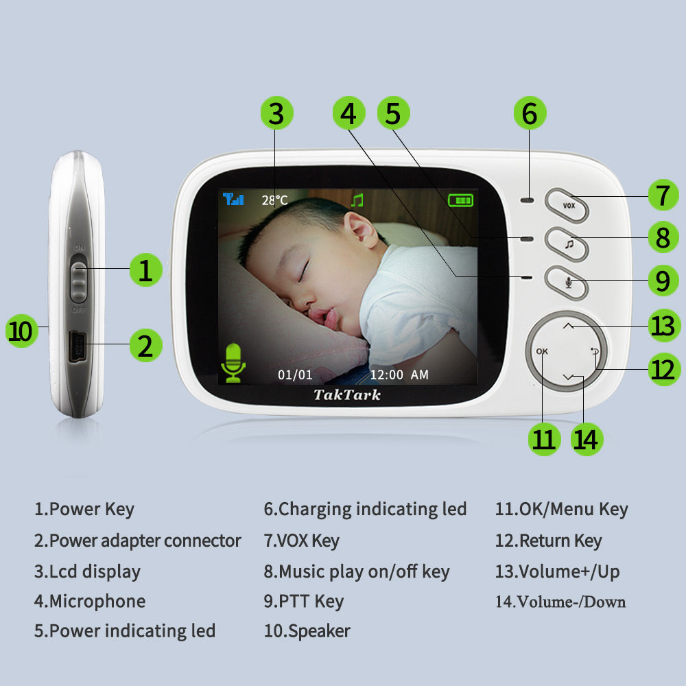 3.2 inch digital baby monitor with two-way intercom features display, controls, and microphone for baby care.