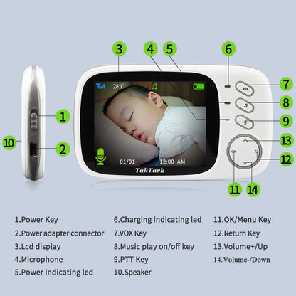 3.2 inch digital baby monitor with two-way intercom features display, controls, and microphone for baby care.