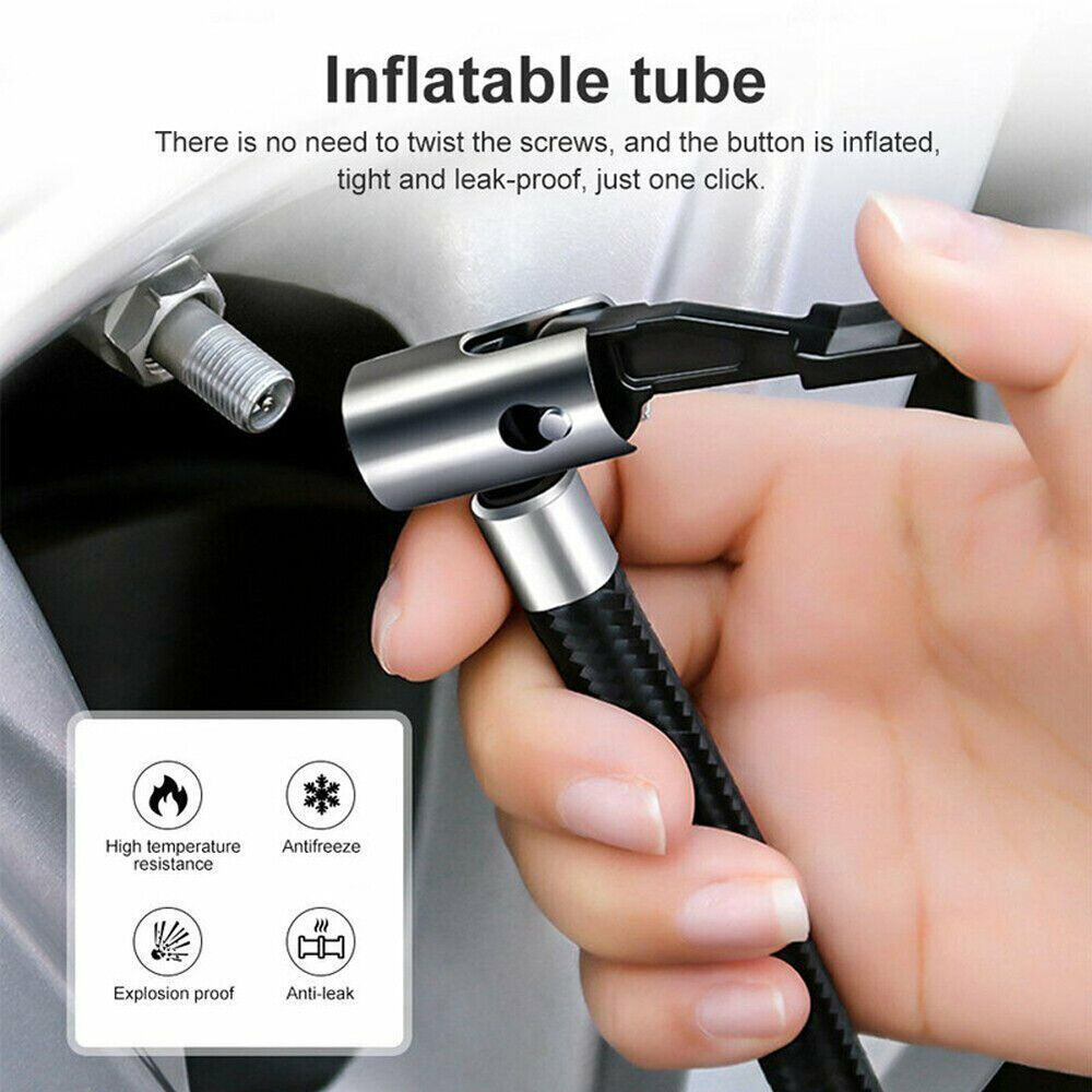 Hand holding inflatable tube with quick-connect feature for portable digital tire inflator.