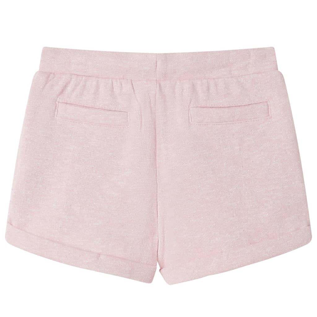 light pink children's shorts with drawstring, back view showing rolled hem and inset pockets.