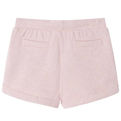light pink children's shorts with drawstring, back view showing rolled hem and inset pockets.