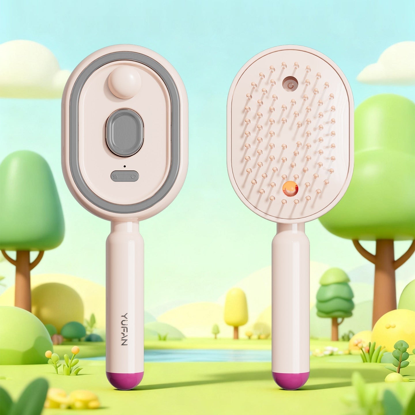 Electric massage hair brush showing ergonomic design and mist spray feature in a serene outdoor setting.