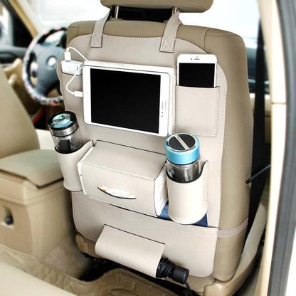 HQ Leather Car Seat Organizers for convenient storage of drinks, tablets, and phones in cars, trucks, and SUVs.