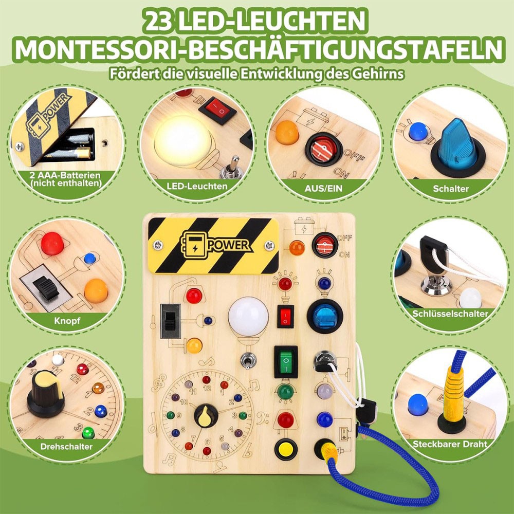 Montessori busy board for toddlers with LED lights, switches, and interactive elements for sensory play.