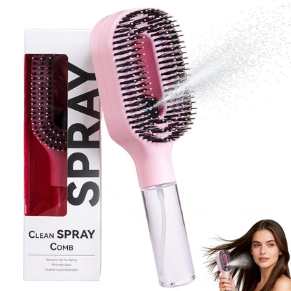 2in1 scalp massage hairbrush with spray bottle demonstrating water mist spray feature over a hair model