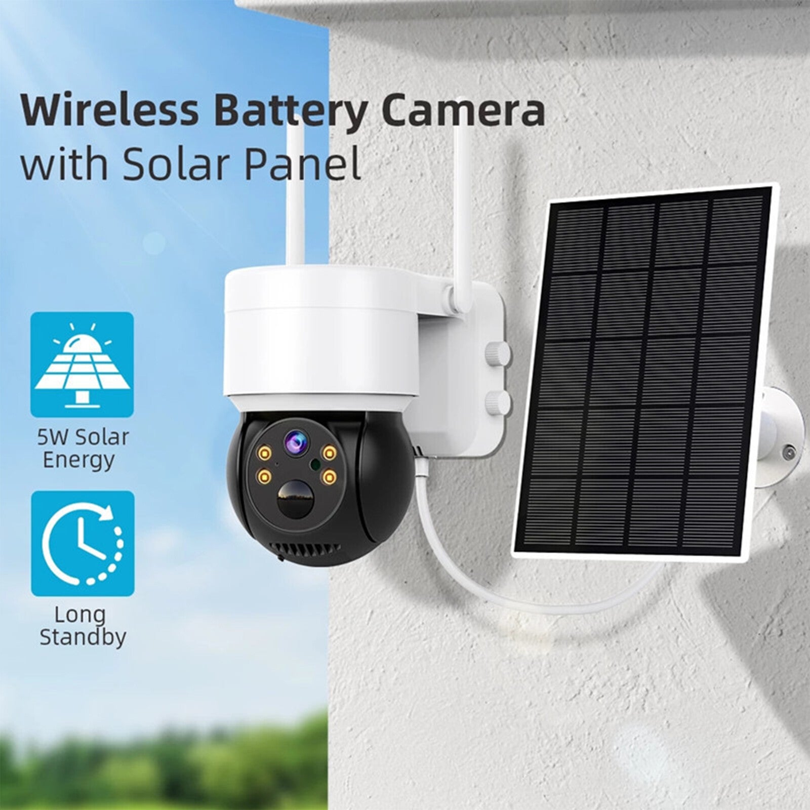 Image of a 360 Wireless Security Camera PTZ with solar panel, highlighting its solar powered security camera features.
