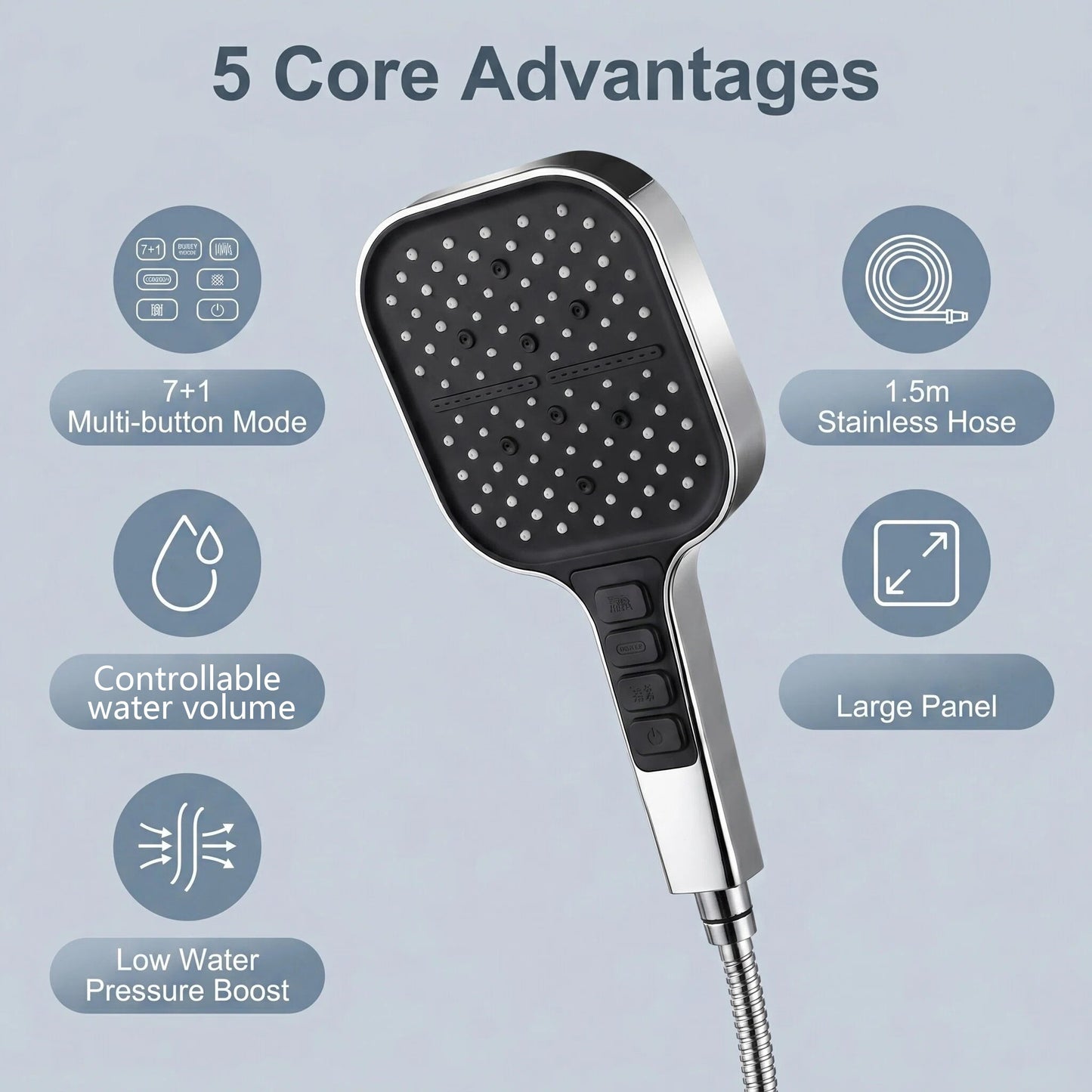 Handheld Shower Head With Multiple Modes showcasing 7+1 multi-button mode, large panel, and stainless steel hose.