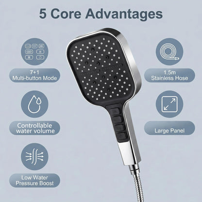 Handheld Shower Head With Multiple Modes showcasing 7+1 multi-button mode, large panel, and stainless steel hose.