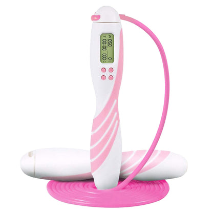 cordless jump rope with counter in pink, featuring digital display and adjustable rope length.