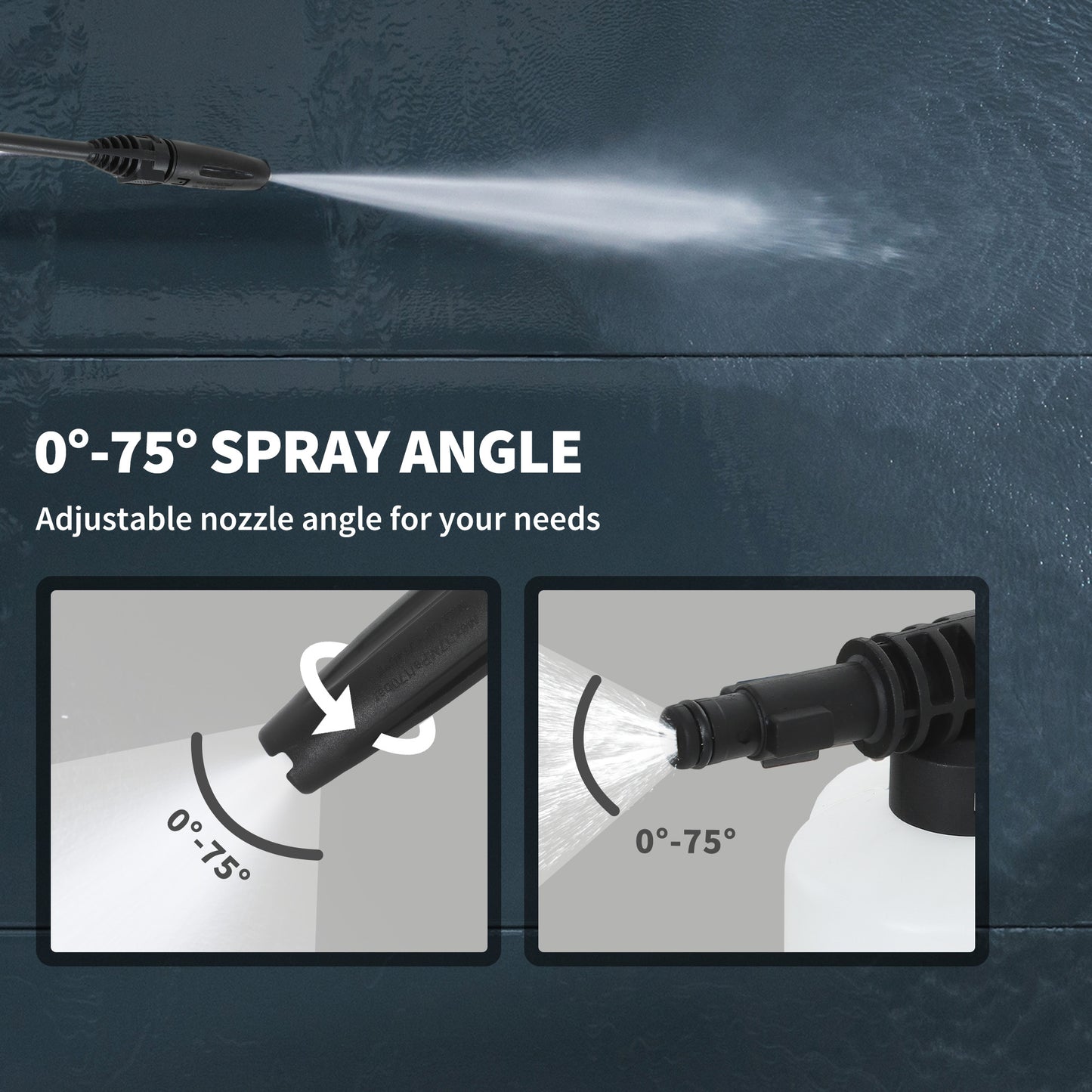 Adjustable nozzle for portable high pressure washer 1800W with 0°-75° spray angle for versatile cleaning.