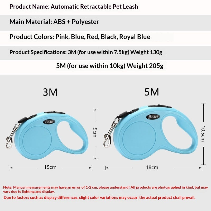 Automatic retractable dog leash with hand brake in blue color, available in 3m and 5m lengths.