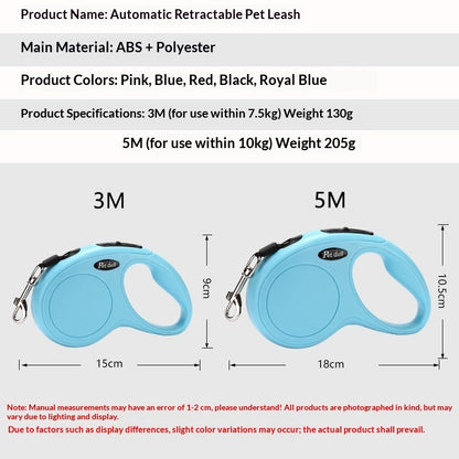 Automatic retractable dog leash with hand brake in blue color, available in 3m and 5m lengths.