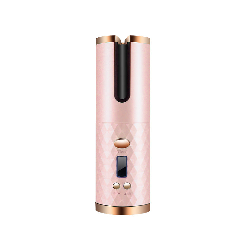 Cordless automatic hair curler for women in pink with LCD display, perfect for creating curls or waves anywhere.