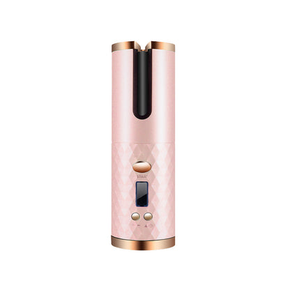Cordless automatic hair curler for women in pink with LCD display, perfect for creating curls or waves anywhere.