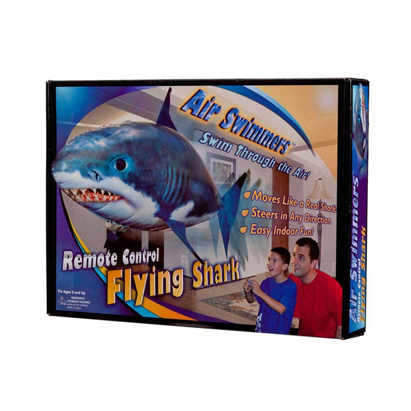 Remote control shark toy packaging featuring a flying shark, ideal for indoor fun and captivating movement.