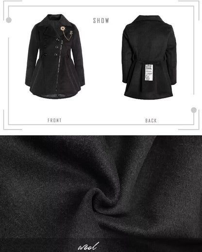 Vintage wool-blend coat for toddlers showcasing front and back design with soft wool fabric texture.