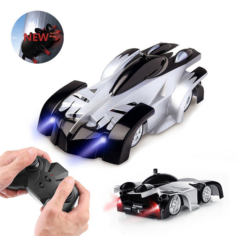 Wall climbing remote control car with LED lights and remote control in action, designed for kids and fun racing.