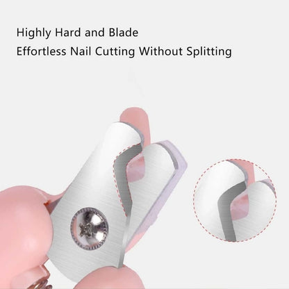 White pet nail trimmer with light showing blade for effortless nail cutting without splitting.