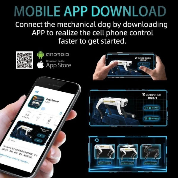 Mobile app download for AI robot dog with voice control setup, showcasing app interface and features.