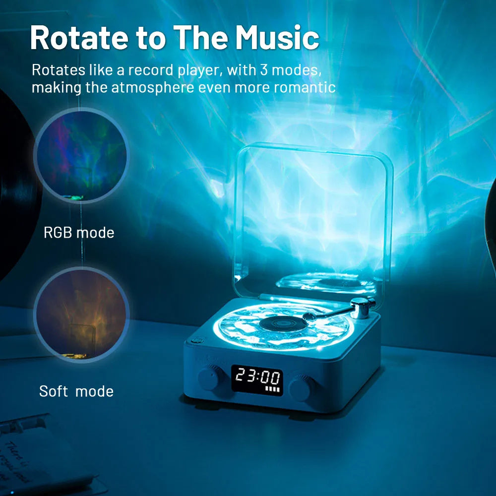 Retro Turntable Wireless Bluetooth Speaker with rotating lights and display, adding a romantic atmosphere.