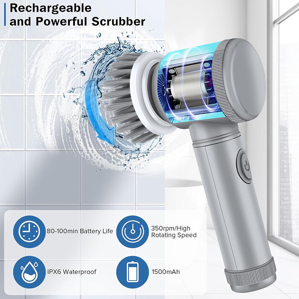 Rechargeable electric cordless cleaning brush with powerful scrubber and waterproof features.