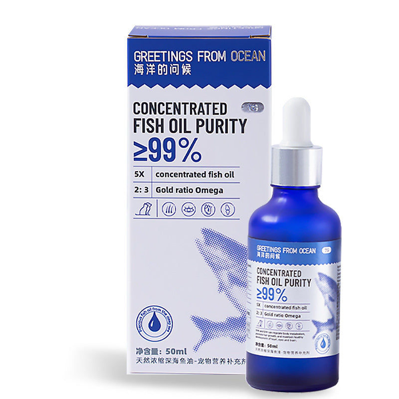 Norway deep sea fish oil for dogs and cats in a 50ml bottle with a dropper, promoting healthy fur and nutrition.