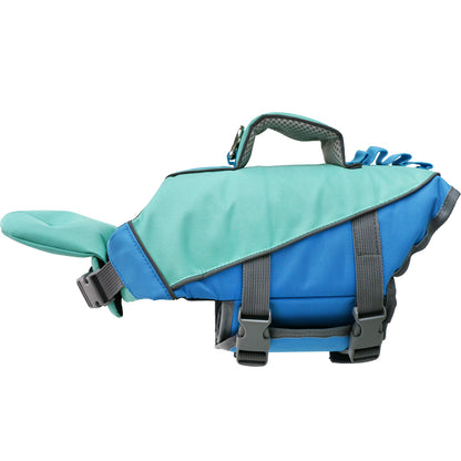 Dog reflective life jacket in blue and green design, perfect for pet safety during water activities.