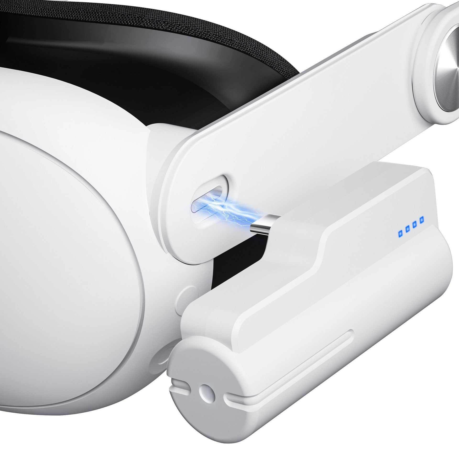 Close-up of portable VR power bank connected to head-mounted device, showcasing charging port and LED indicators.