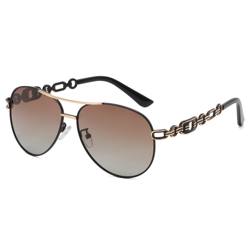 New Polarized Two-tone Plated Fashionable Hollow Out UV Protective Sunglasses side view with stylish chain details