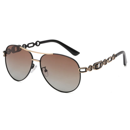 New Polarized Two-tone Plated Fashionable Hollow Out UV Protective Sunglasses side view with stylish chain details