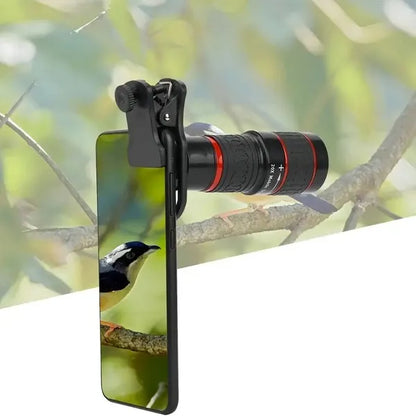 Mobile zoom lens for smartphones attached to a phone capturing a bird on a branch with clear detail.