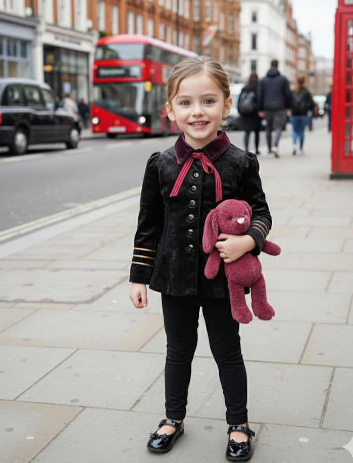 Girls vintage military peplum jacket worn by a young girl holding a plush bunny in a city street.