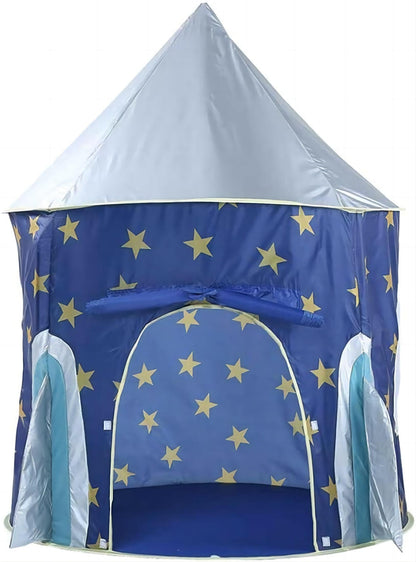 Portable kids play tent with star patterns, ideal for indoor and outdoor pretend play, easy to fold and carry.