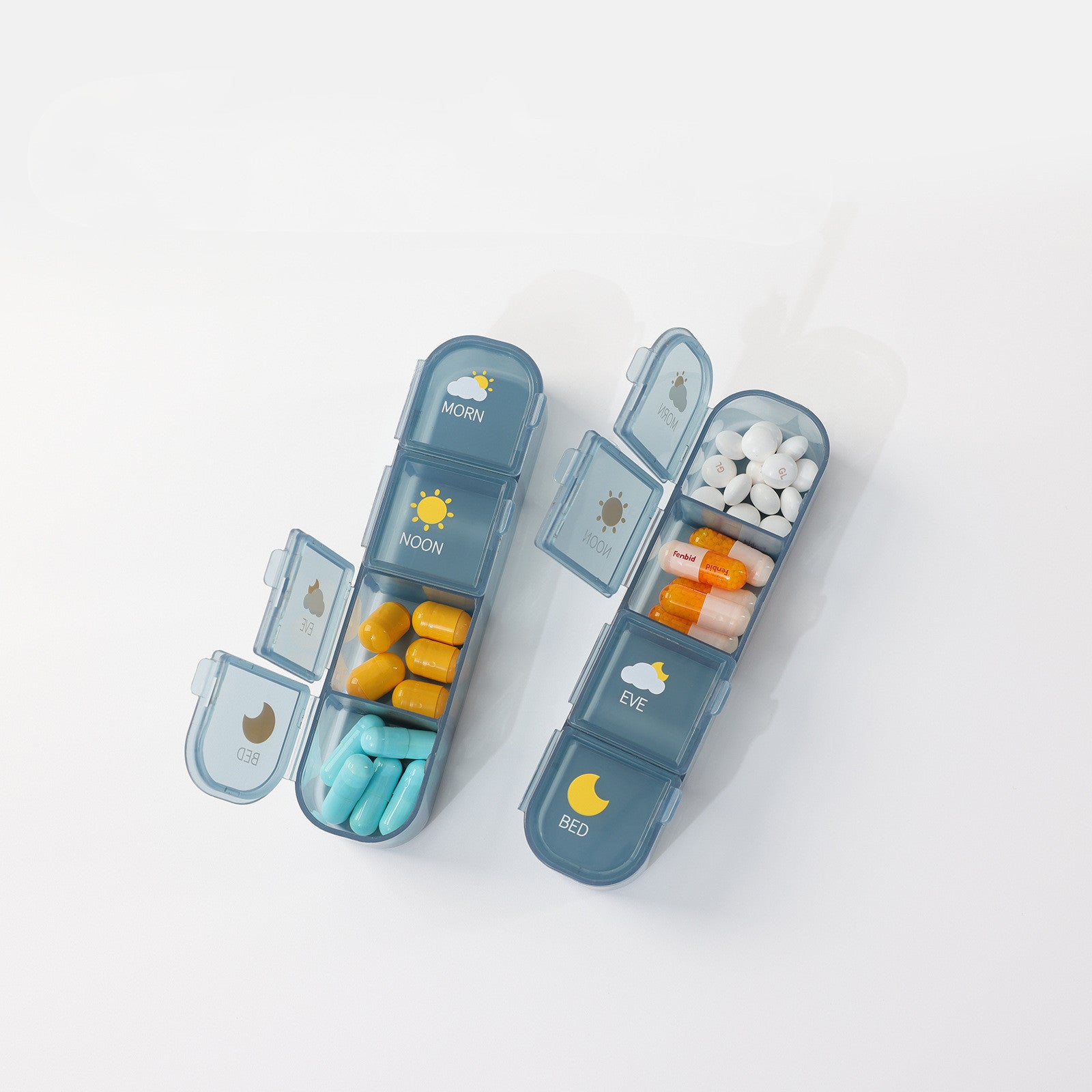 sealed 1 week pill organizer with compartments for morning, noon, evening, and bedtime medications.