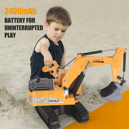 Boy playing with Jiakora remote control excavator toy on sand, showcasing durable design and 2400mAh battery for uninterrupted play.