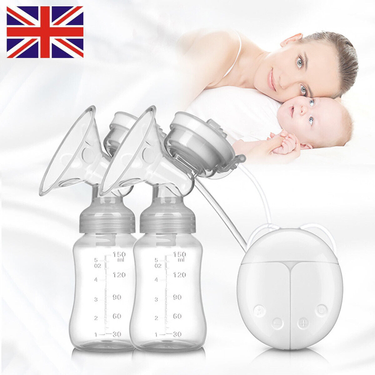 Automatic electric breast pump with lid and nipple kit beside two milk storage bottles and a mother with baby.